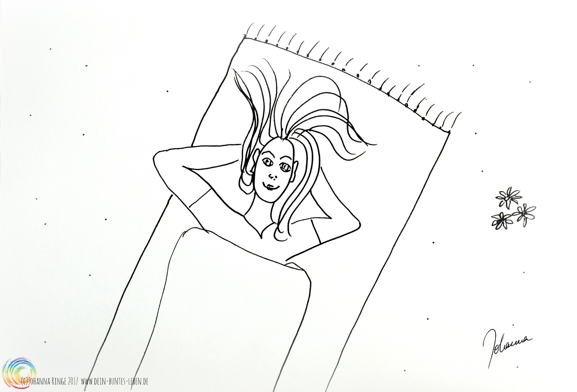 Allein: Zeichnung (Vogelperspektive) einer Frau, die entspannt auf einer Decke liegt. (c)2017 Johanna Ringe www.dein-buntes-leben.de
