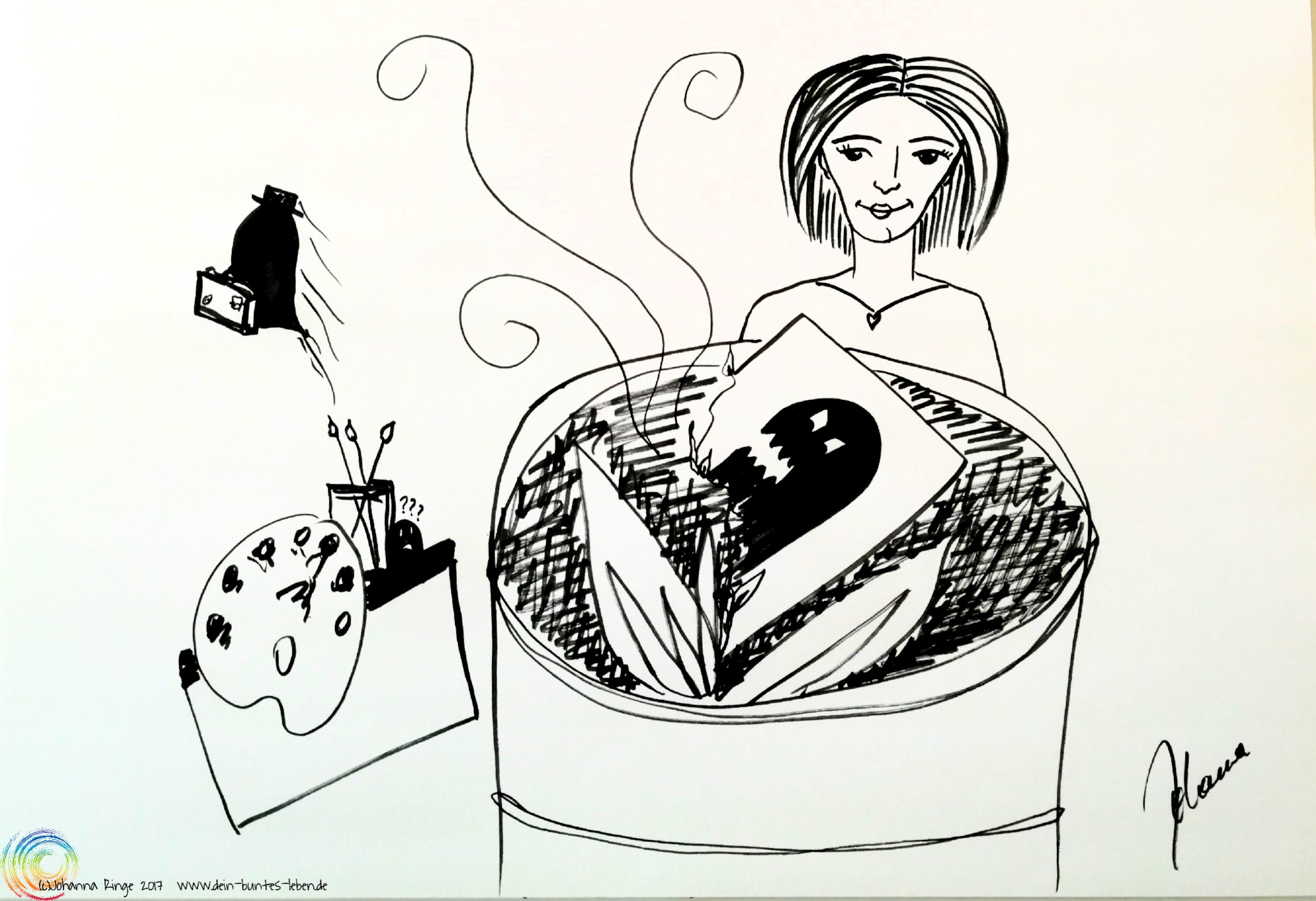 Geisteraustreibende Kreativität: Zeichnung einer Frau, die ein Bild eines Monsters verbrennt, während im Hintergrund das Monster mit Koffer weggeht. (c) 2017 Johanna Ringe www.dein-buntes-leben.de