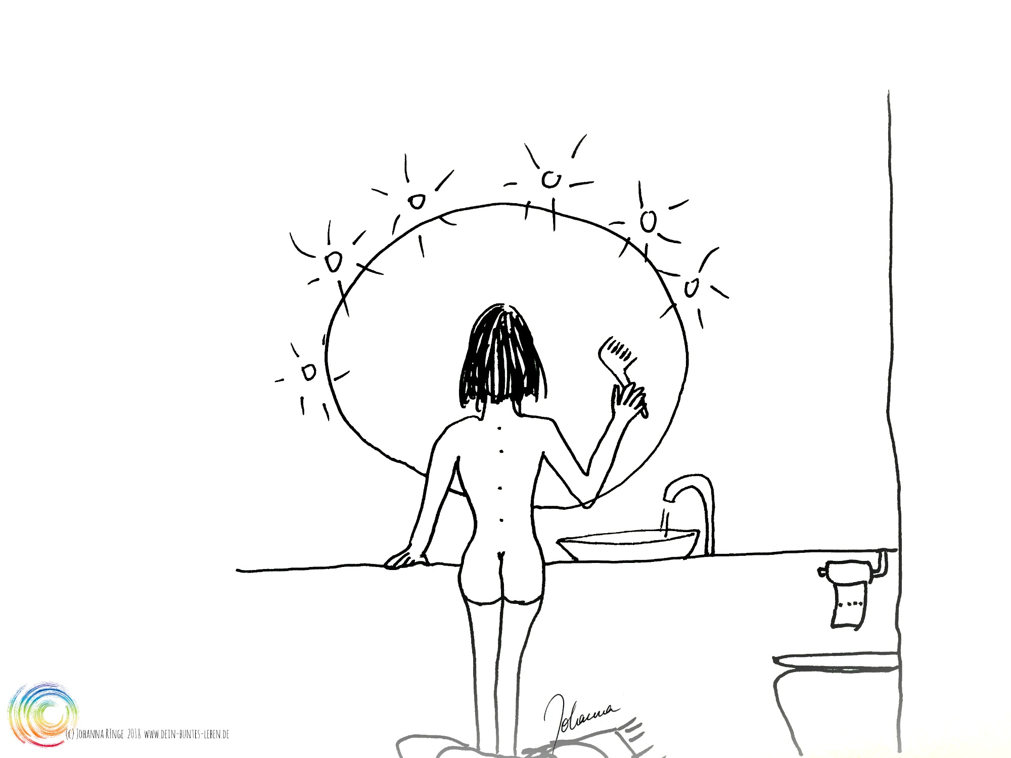 Zeichnung einer nackten Person von hinten, die im Badezimmer vor dem Spiegel steht. Johanna Ringe (c) 2018 www.dein-buntes-leben.de