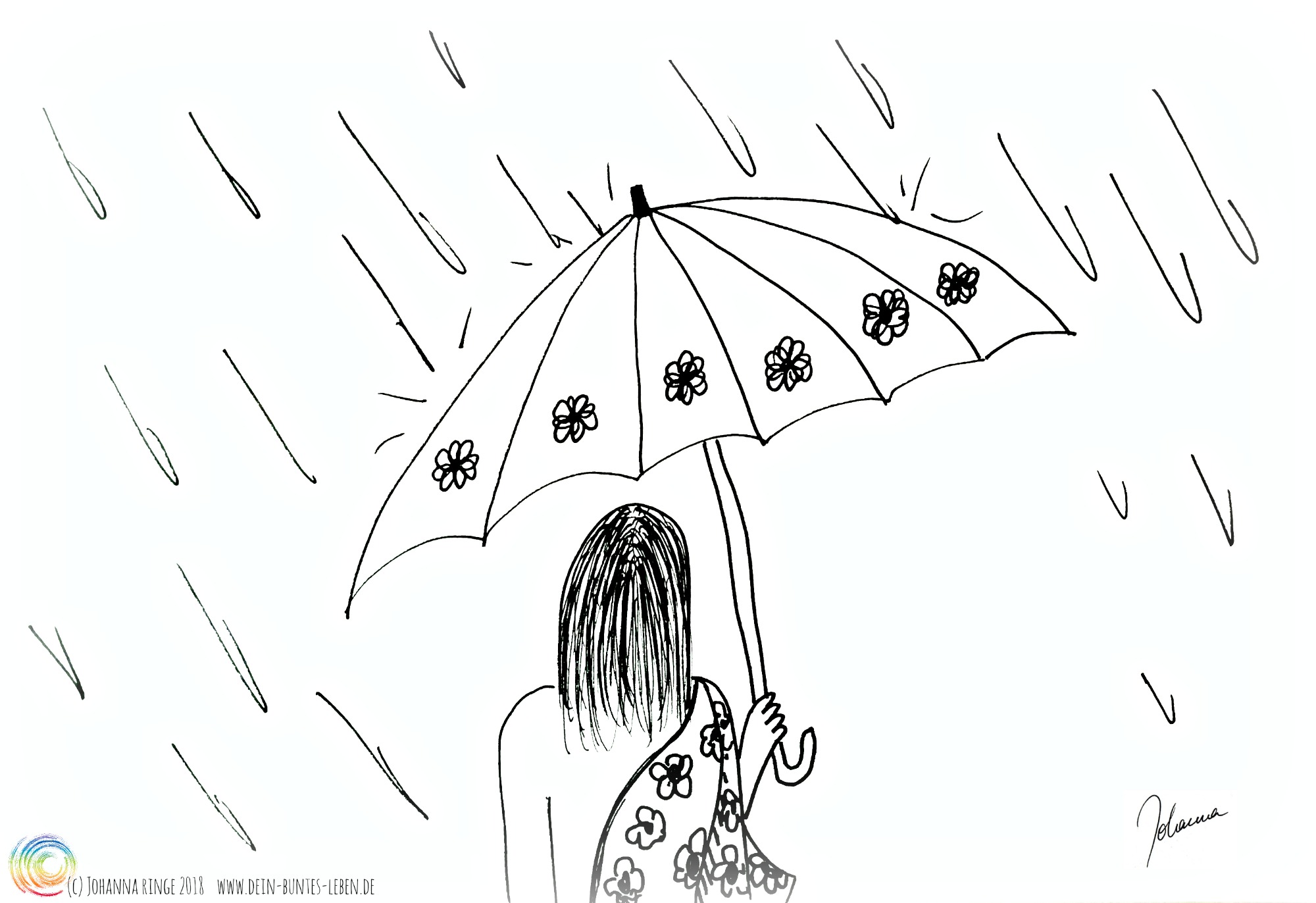 Selbstfürsorge kann manchmal einfach ein Regenschirm sein. Zeichnung von Person mit Schirm im Regen. (c) Johanna Ringe 2018 www.dein-buntes-leben.de