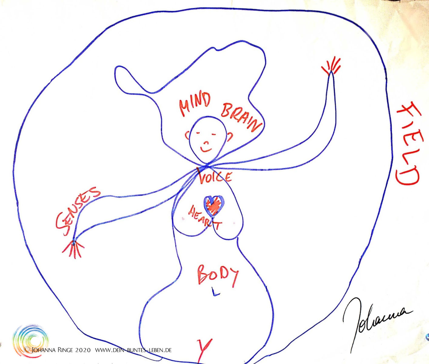 Abgrenzung für Hochsensible: den Körper und das gesamte eigene Feld wahrnehmen und klären. Zeichnung einer Frau, mit Markierungen an Herz, Kehle, Kopf, Händen... ©2020 Johanna Ringe www.dein-buntes-leben.de