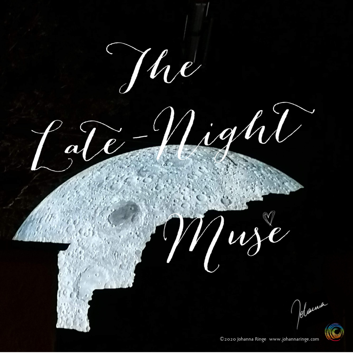 The Late-Night Muse. (Text on photo of Big Moon behind buildings) ©Johanna Ringe 2020 www.johannaringe.com