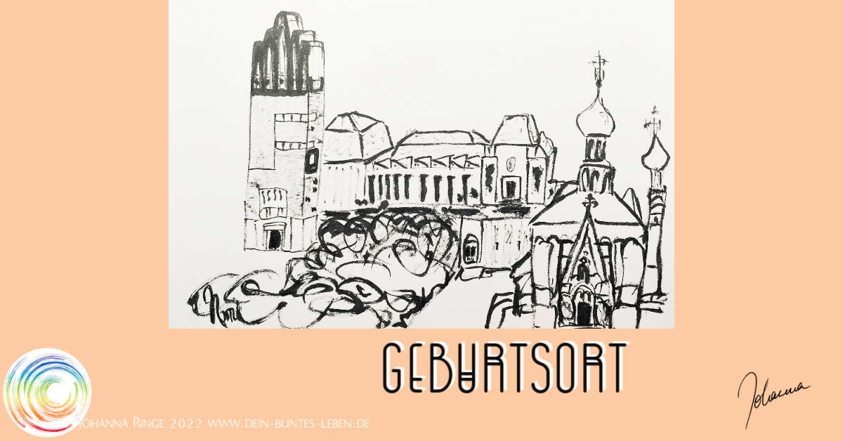 Geburtsort: eine Zeichnung der Mathildenhöhe in Darmstadt, mit Hochzeitsturm, Museum und Russischer Kapelle. ©Johanna Ringe 2022 www.dein-buntes-leben.de