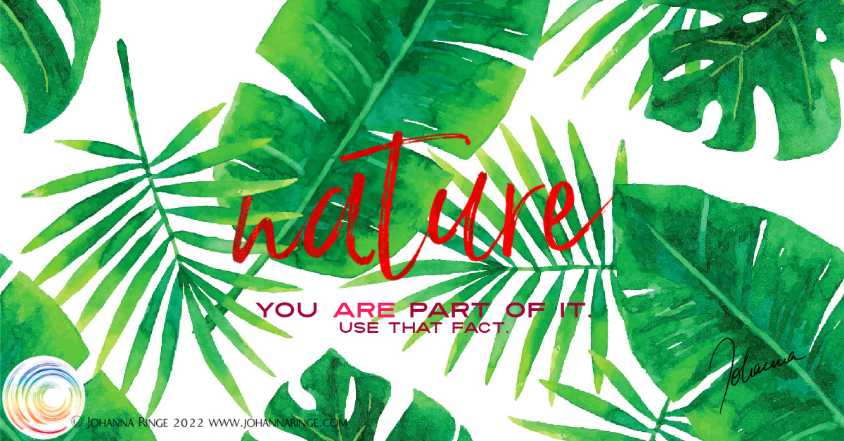 Nature: you are part of it. Use that fact. (red Text on image of lush leaves) ©2022 Johanna Ringe www.johannaringe.com