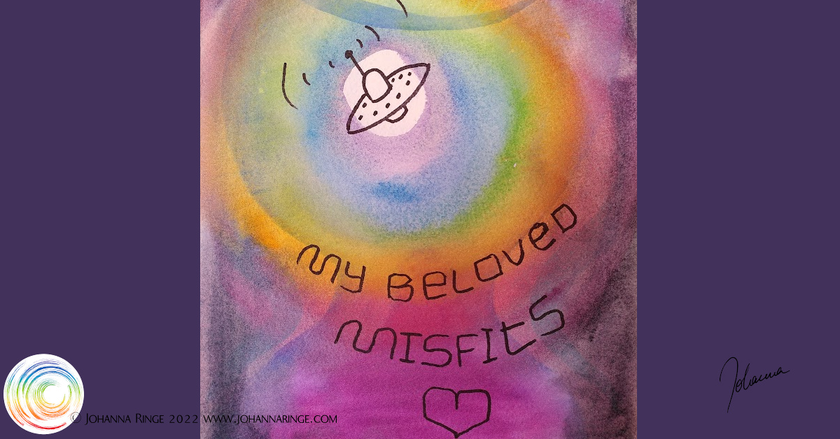 You are not alone, beloved misfits! (Text on watercolor rainbowwhirl with tiny UFO in the center) ©Johanna Ringe 2022 www.johannaringe.com