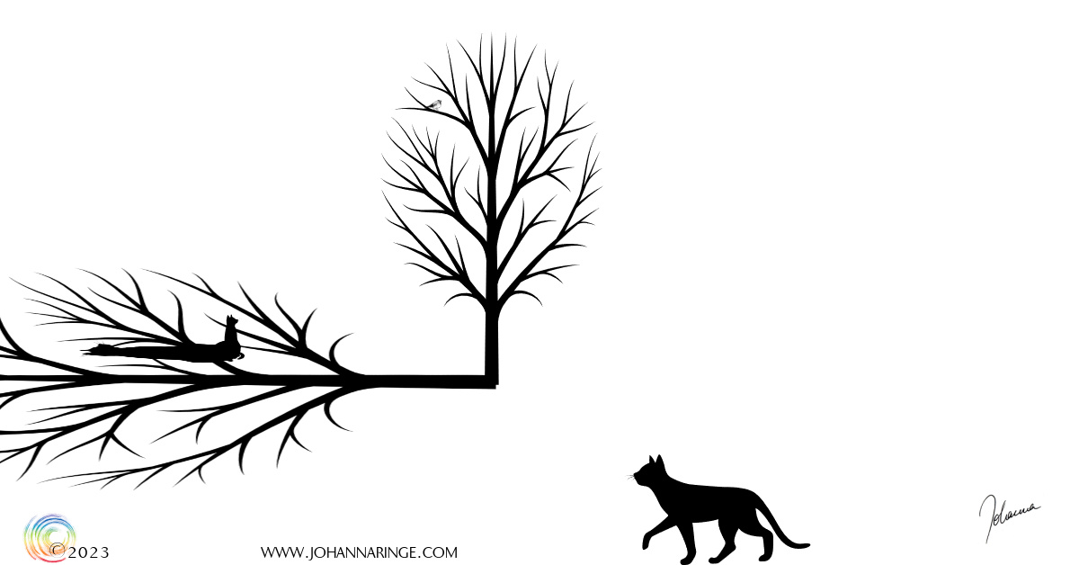 Spring unsprung: Stylised depiction of a bare tree with a strong cast shadow, as well as two cats (b/w). ©Johanna Ringe 2023 www.johannaringe.com