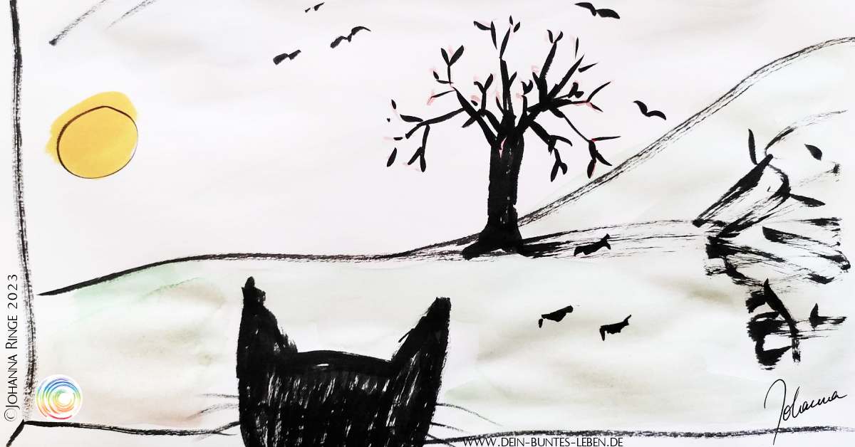 Frühlingsahnung: kolorierte Zeichnung. Katze blickt aus dem Fenster auf kahlen Baum im fahlen Winterlicht, Krähen am Himmel und auf dem Boden. ©Johanna Ringe 2023 www.dein-buntes-leben.de