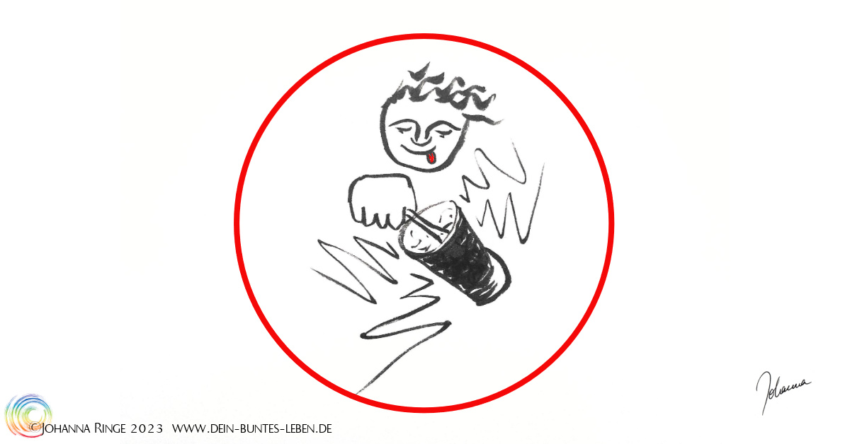 Essgeräusche können lebensgefährlich sein: Zeichnung einer Person die geräuschvoll einen Joghurtbecher auskratzt. ©Johanna Ringe www.dein-buntes-leben.de
