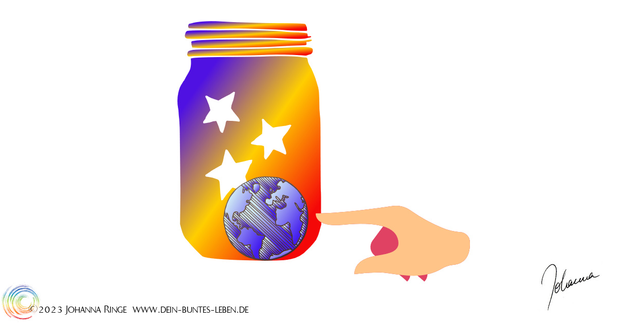 Human kind trying. A mason jar filled with three stars and a planet earth, a hand poking at it. ©Johanna Ringe 2023 www.johannaringe.com