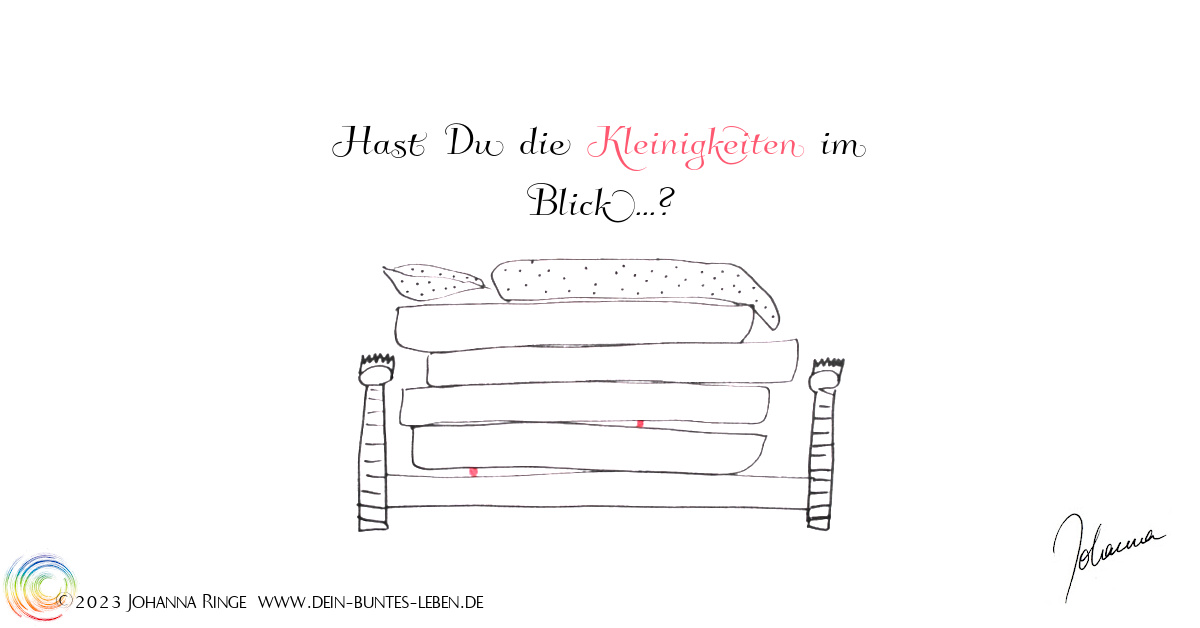 Hast Du die Kleinigkeiten im Blick? (Zeichnung eines Bettes mit vier Matratzen und darunter zwei kleinen Kugeln) ©Johanna Ringe 2023 www.dein-buntes-leben.de