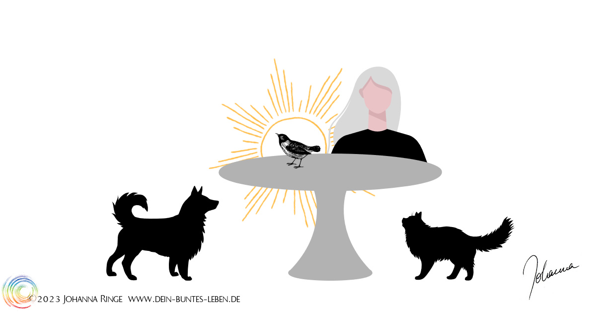 Ein Vögelein auf einem Tisch, mit Frau, Hund und Katze, die es anschauen und Sonne im Hintergrund. ©Johanna Ringe 2023 www.dein-buntes-leben.de