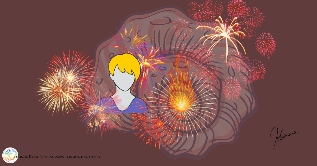 Inner sanctuary (Collage of a drawn person in front of a spiral surrounded by fireworks in many colors) ©Johanna Ringe 2024 www.johannaringe.com